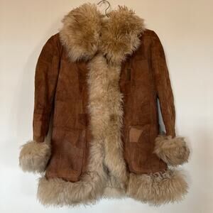 Vtg M Penny Lane Patchwork Brown Suede Coat Faux Fur Trim Medium Boho Western